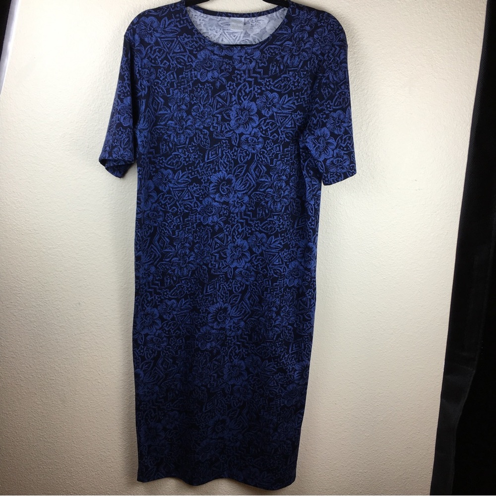 Land's End Navy Blue Floral Short Sleeve Stretch Cotton Made USA Dress Size S